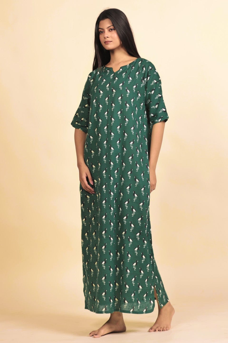 The Kaftan Company Nightdress Green Bird Print Cotton Nightdress
