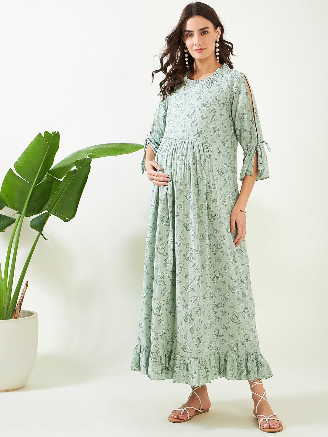 Buy Green Butterfly Print Maternity Feeding Dress For Women | The Kaftan Company L Buy Green Butterfly Print Maternity Feeding Dress For Women | The Kaftan Company L