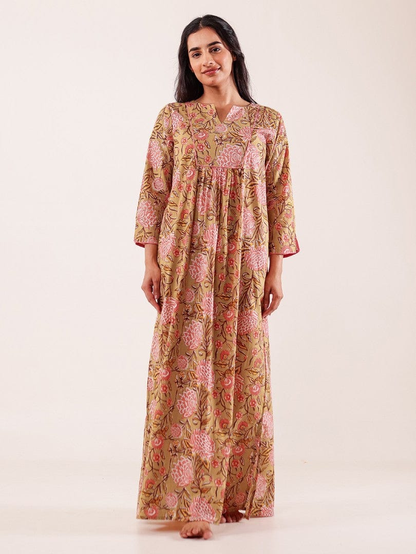 The Kaftan Company Nightdress Green Floral Printed Cotton Nightdress