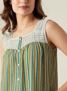 The Kaftan Company Nightdress Green Striped Cotton Maxi Nightdress with Crochet Yoke
