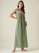 The Kaftan Company Nightdress Green Striped Cotton Maxi Nightdress with Crochet Yoke