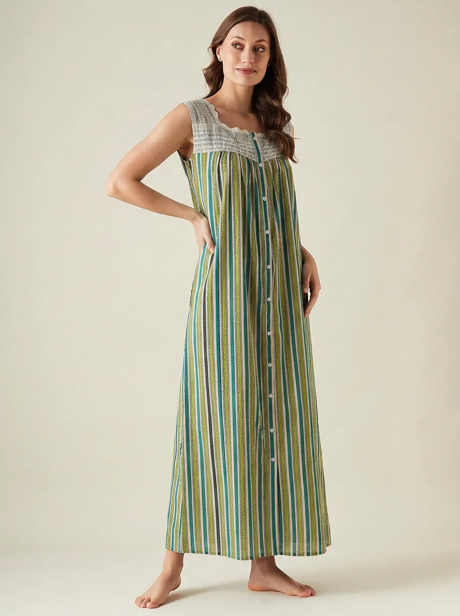 The Kaftan Company Nightdress Green Striped Cotton Maxi Nightdress with Crochet Yoke