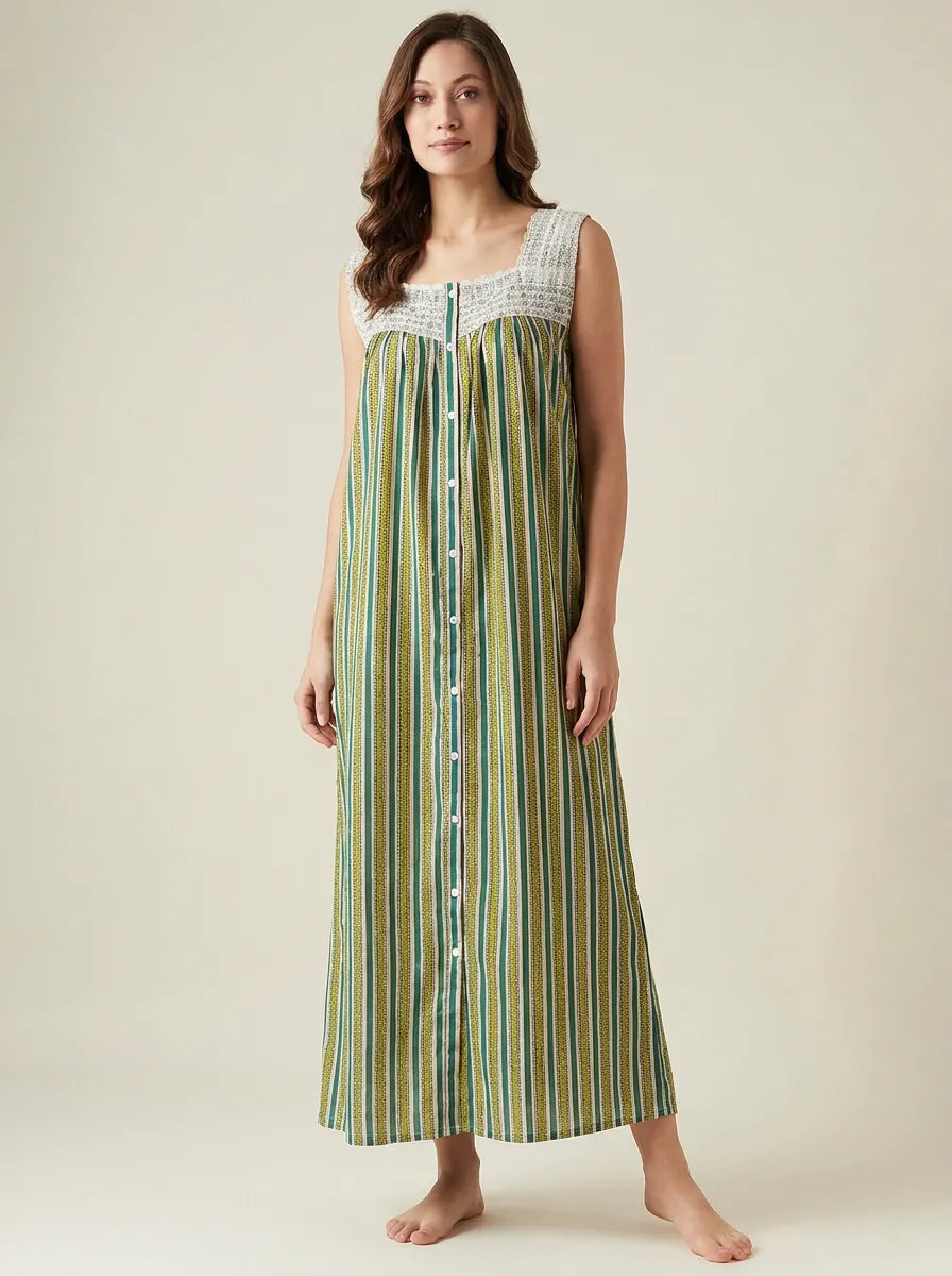 The Kaftan Company Nightdress Green Striped Cotton Maxi Nightdress with Crochet Yoke