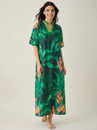 The Kaftan Company Nightdress Green Tropical Palm Print Cotton Maxi Nightdress with Pockets