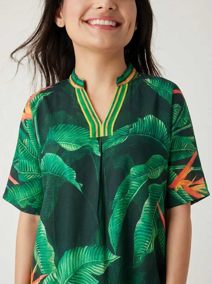 The Kaftan Company Nightdress Green Tropical Palm Print Cotton Maxi Nightdress with Pockets