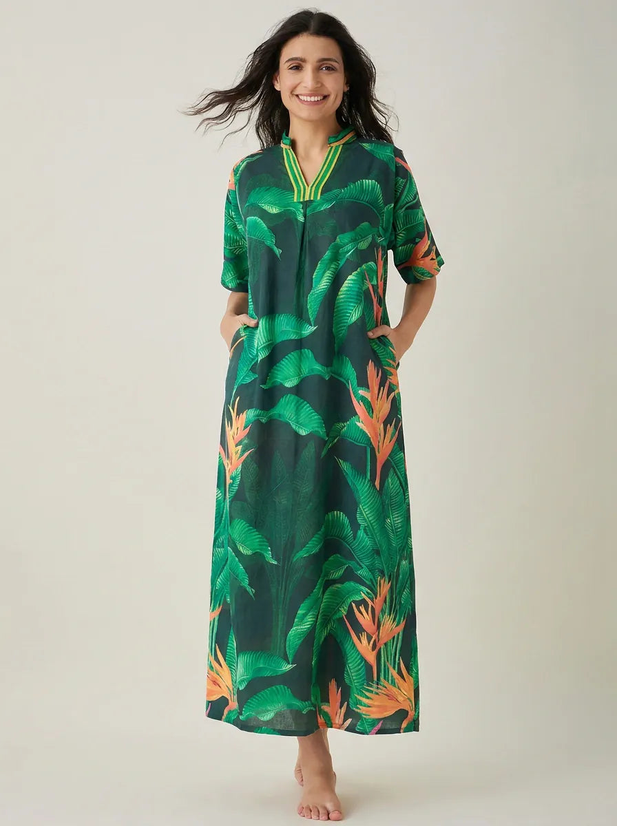 The Kaftan Company Nightdress Green Tropical Palm Print Cotton Maxi Nightdress with Pockets