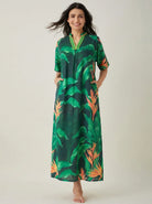 The Kaftan Company Nightdress Green Tropical Palm Print Cotton Maxi Nightdress with Pockets