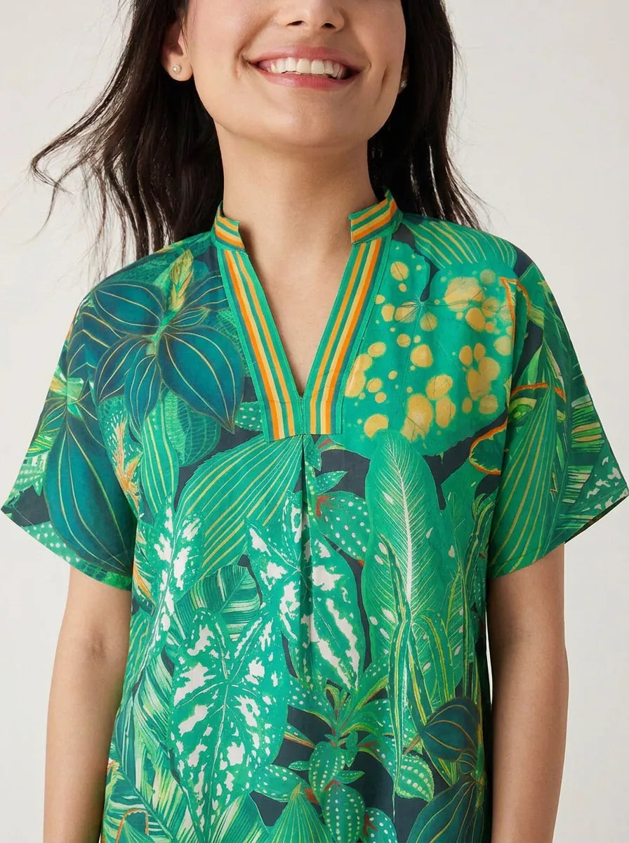 The Kaftan Company Nightdress Green Tropical Print Cotton Maxi Nightdress with Striped V-Neck