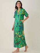 The Kaftan Company Nightdress Green Tropical Print Cotton Maxi Nightdress with Striped V-Neck