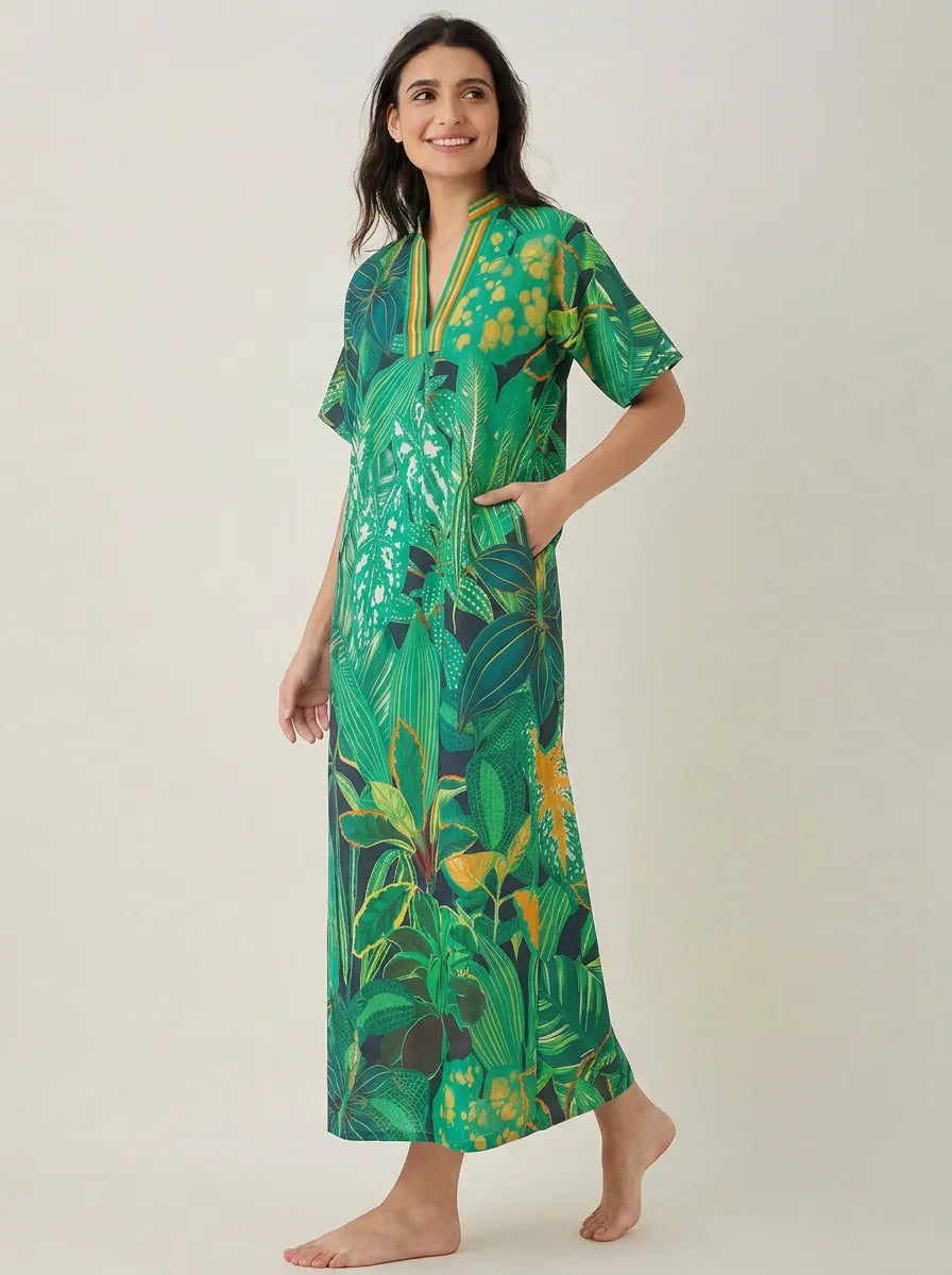 The Kaftan Company Nightdress Green Tropical Print Cotton Maxi Nightdress with Striped V-Neck