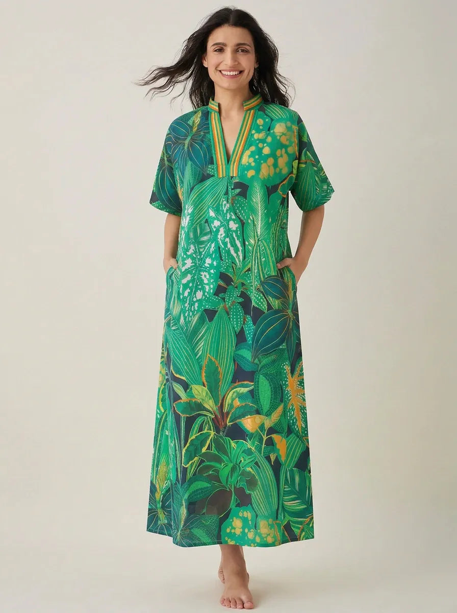 The Kaftan Company Nightdress Green Tropical Print Cotton Maxi Nightdress with Striped V-Neck