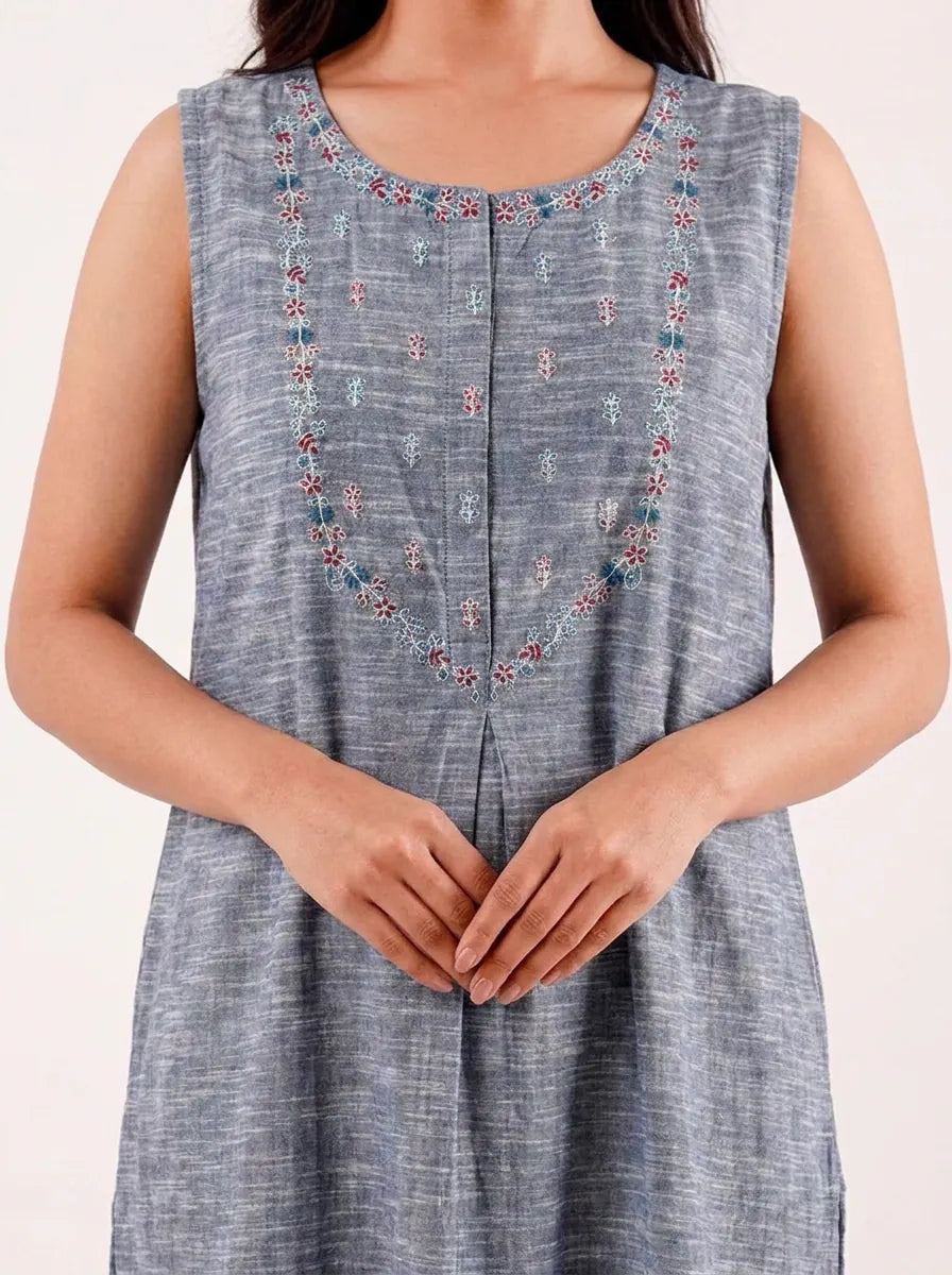 The Kaftan Company Nightdress Grey Embroidered Nightdress with Snap-Button Closure