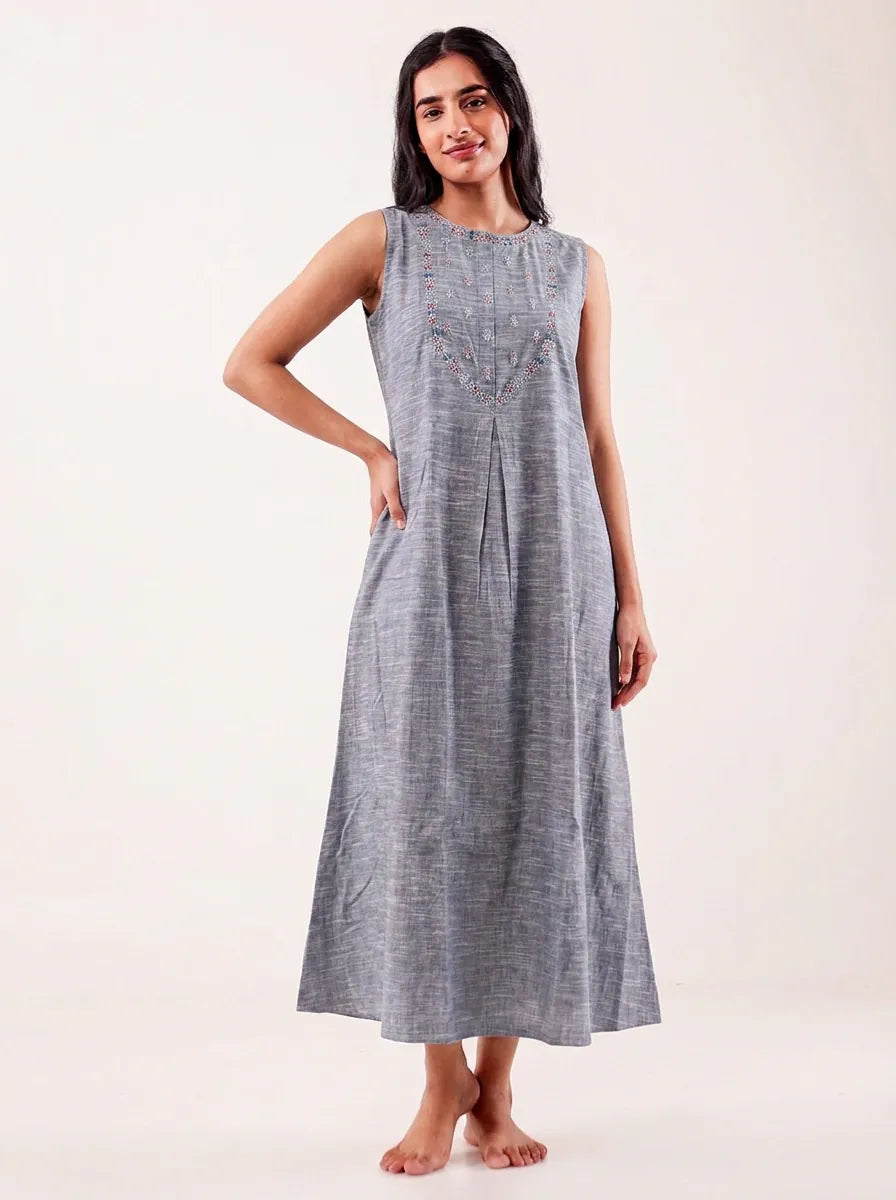 The Kaftan Company Nightdress Grey Embroidered Nightdress with Snap-Button Closure