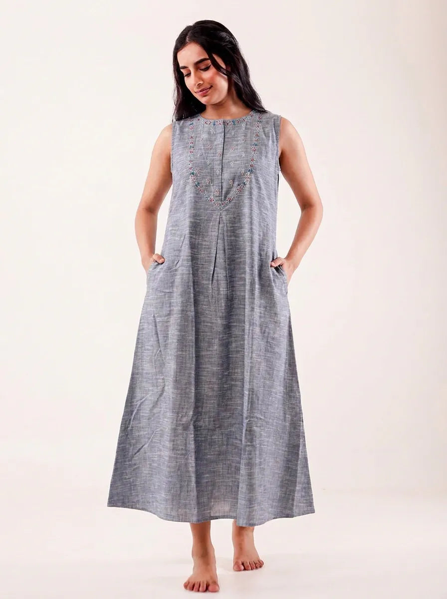 The Kaftan Company Nightdress Grey Embroidered Nightdress with Snap-Button Closure