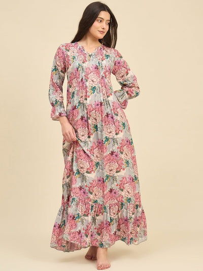 The Kaftan Company Nightdress Grey Floral Modal Nightdress with Pintuck Front & Ruffled Hem