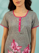 The Kaftan Company Nightdress Grey Floral Print Nightdress with Pink Contrast Trim