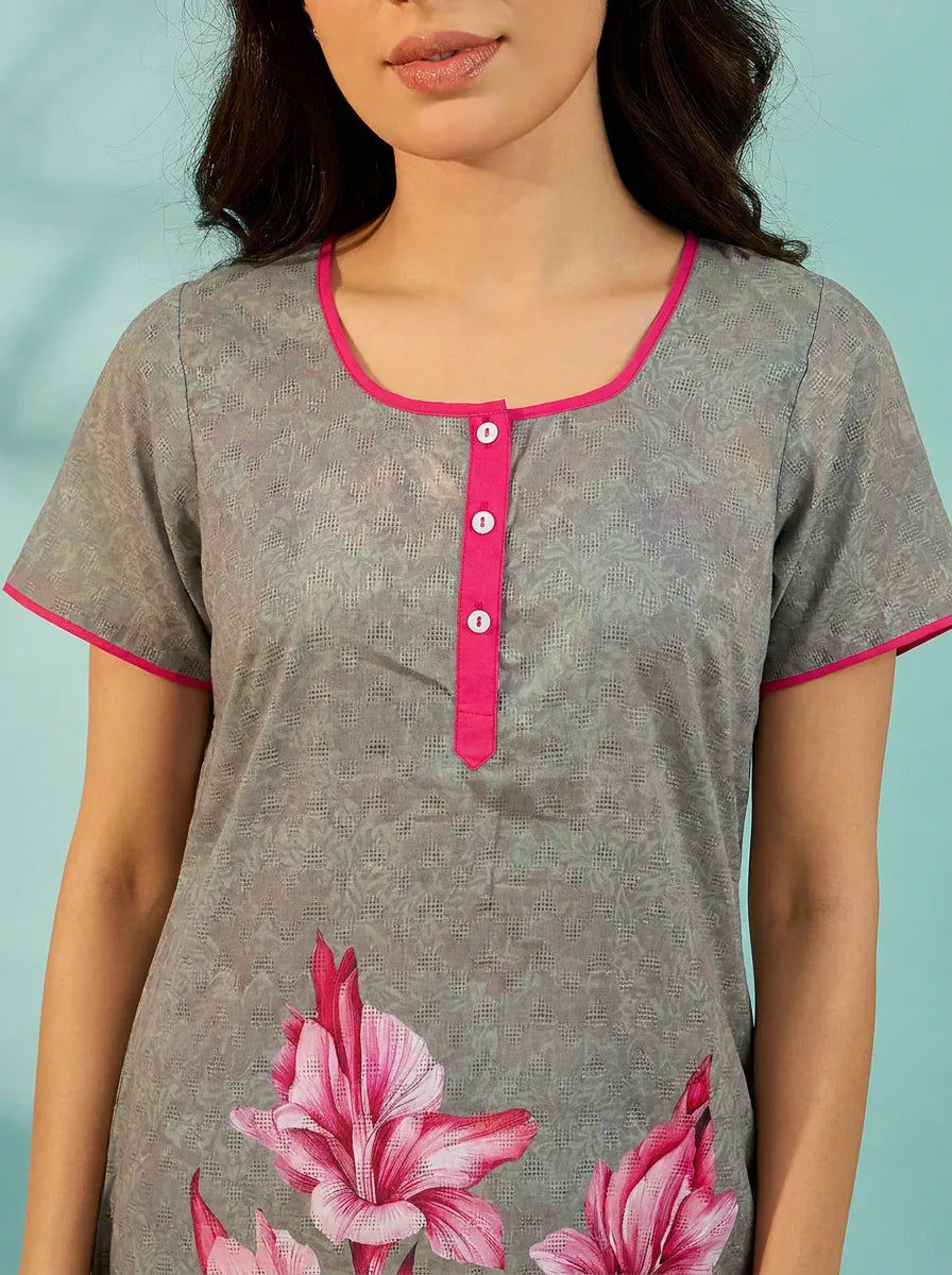 The Kaftan Company Nightdress Grey Floral Print Nightdress with Pink Contrast Trim