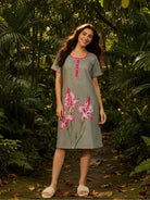 The Kaftan Company Nightdress Grey Floral Print Nightdress with Pink Contrast Trim