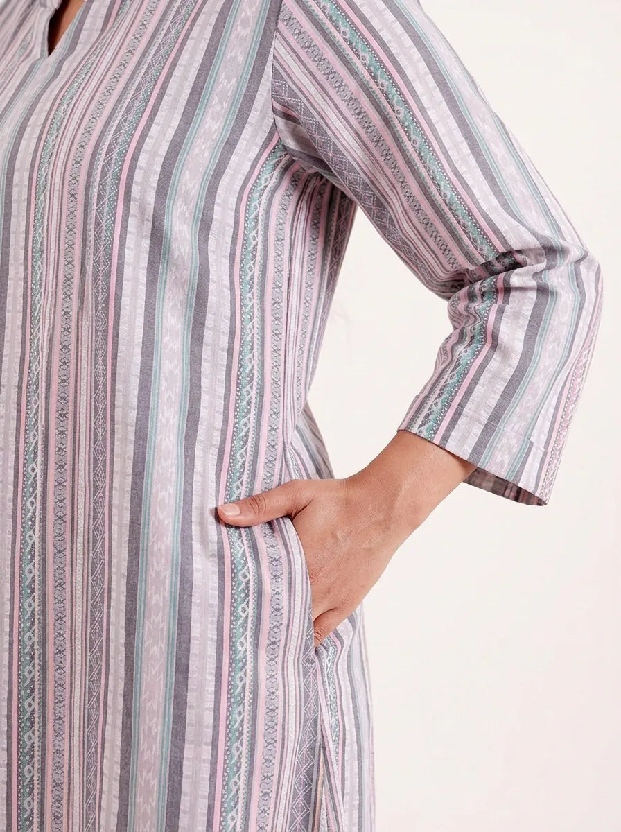 The Kaftan Company Nightdress Grey Striped Cotton Maxi Nightdress with Three-Quarter Sleeves