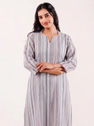 The Kaftan Company Nightdress Grey Striped Cotton Maxi Nightdress with Three-Quarter Sleeves