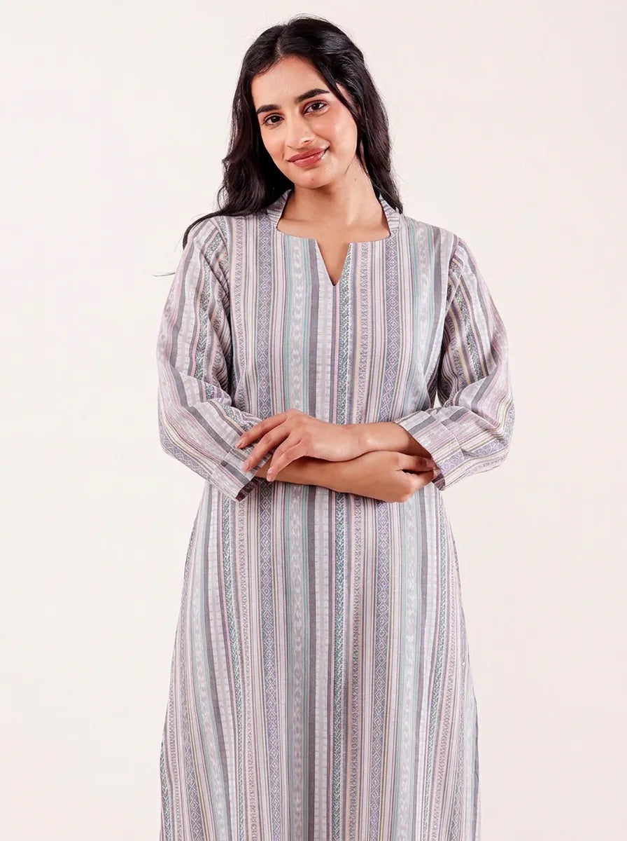 The Kaftan Company Nightdress Grey Striped Cotton Maxi Nightdress with Three-Quarter Sleeves