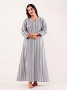 The Kaftan Company Nightdress Grey Striped Cotton Maxi Nightdress with Three-Quarter Sleeves