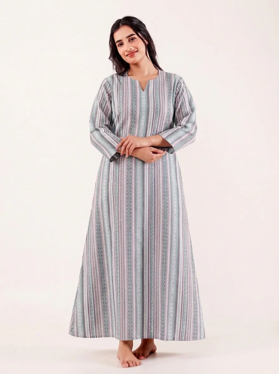 The Kaftan Company Nightdress Grey Striped Cotton Maxi Nightdress with Three-Quarter Sleeves