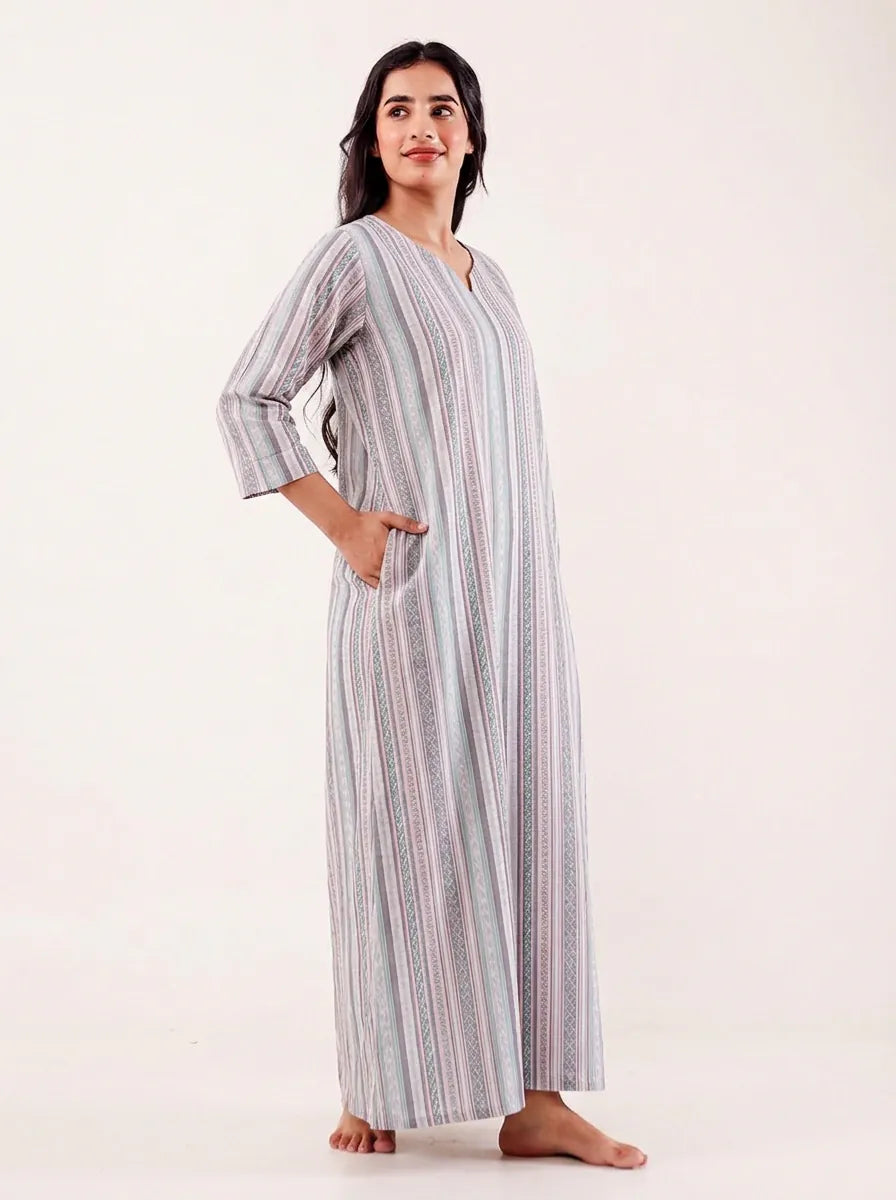 The Kaftan Company Nightdress Grey Striped Cotton Maxi Nightdress with Three-Quarter Sleeves
