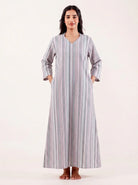 The Kaftan Company Nightdress Grey Striped Cotton Maxi Nightdress with Three-Quarter Sleeves
