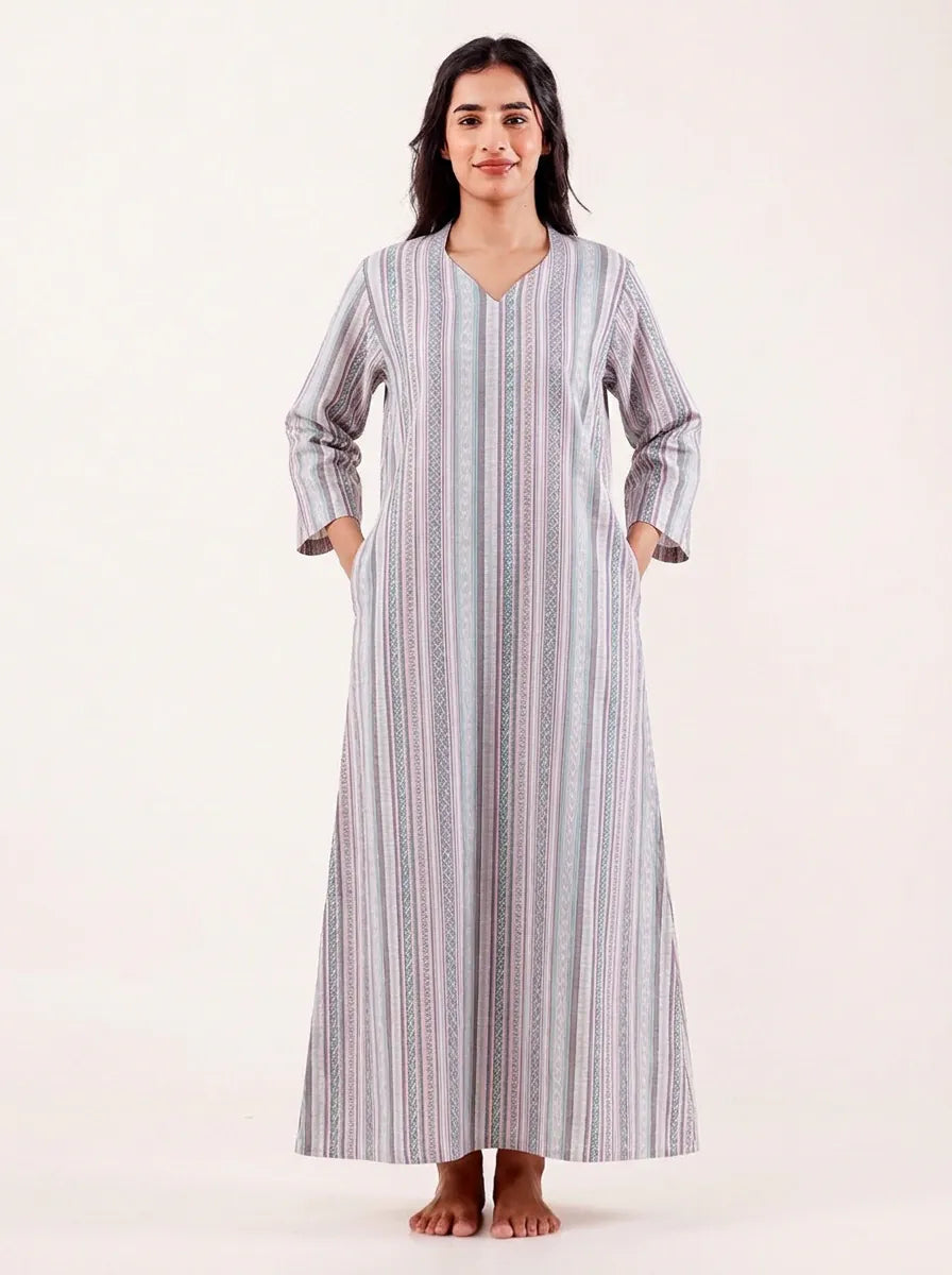 The Kaftan Company Nightdress Grey Striped Cotton Maxi Nightdress with Three-Quarter Sleeves