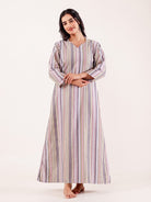 The Kaftan Company Nightdress Grey Striped Printed Thick Cotton Nightdress