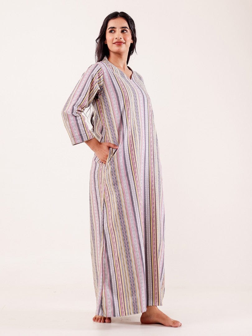 The Kaftan Company Nightdress Grey Striped Printed Thick Cotton Nightdress