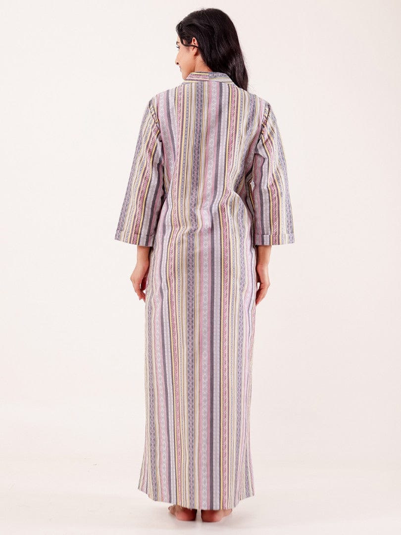 The Kaftan Company Nightdress Grey Striped Printed Thick Cotton Nightdress