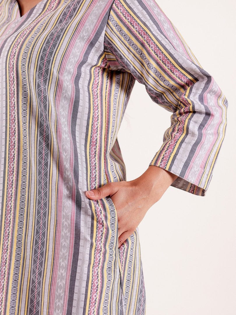 The Kaftan Company Nightdress Grey Striped Printed Thick Cotton Nightdress