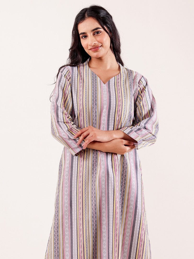The Kaftan Company Nightdress Grey Striped Printed Thick Cotton Nightdress