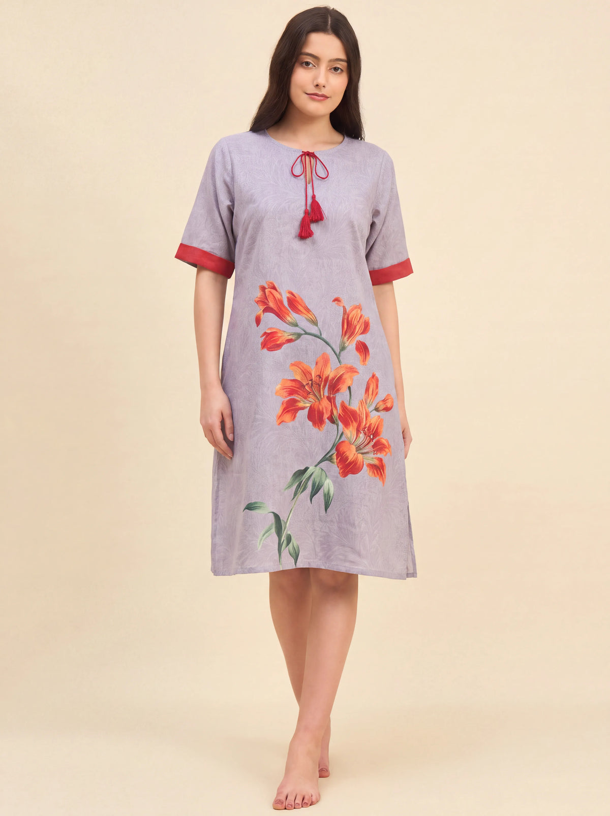 The Kaftan Company Nightdress Grey Textured Nightdress with Statement Lily Print and Red Tassel Tie