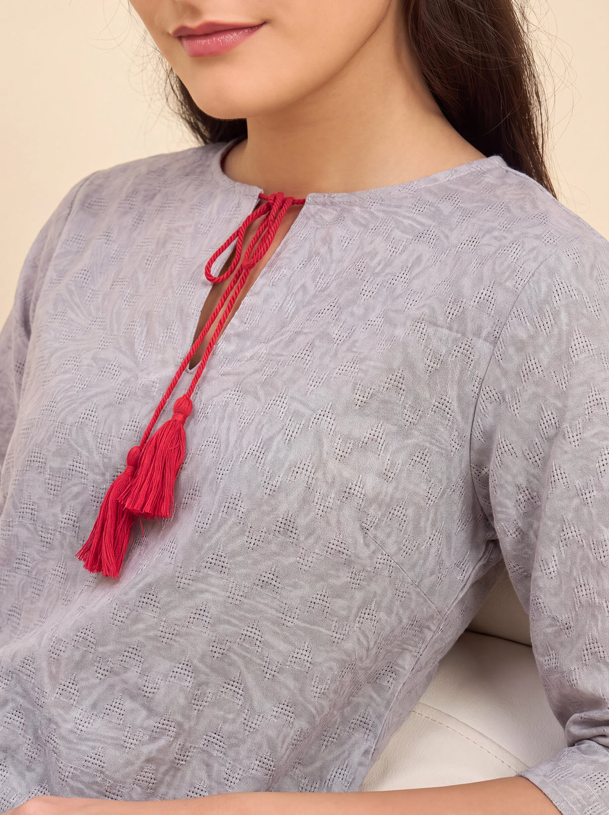The Kaftan Company Nightdress Grey Textured Nightdress with Statement Lily Print and Red Tassel Tie