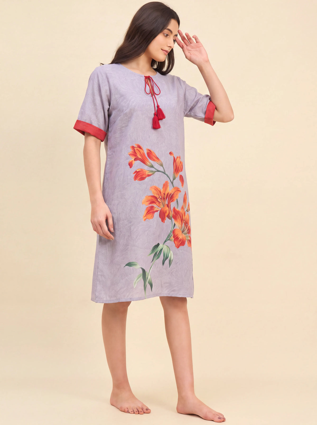 The Kaftan Company Nightdress Grey Textured Nightdress with Statement Lily Print and Red Tassel Tie