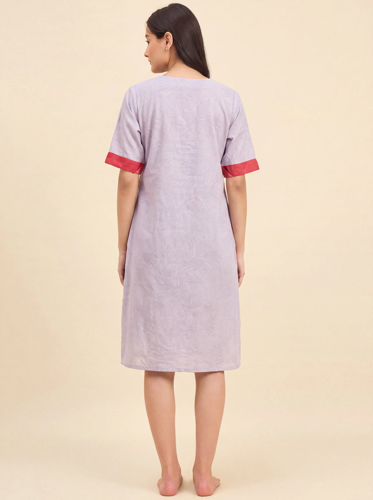 The Kaftan Company Nightdress Grey Textured Nightdress with Statement Lily Print and Red Tassel Tie
