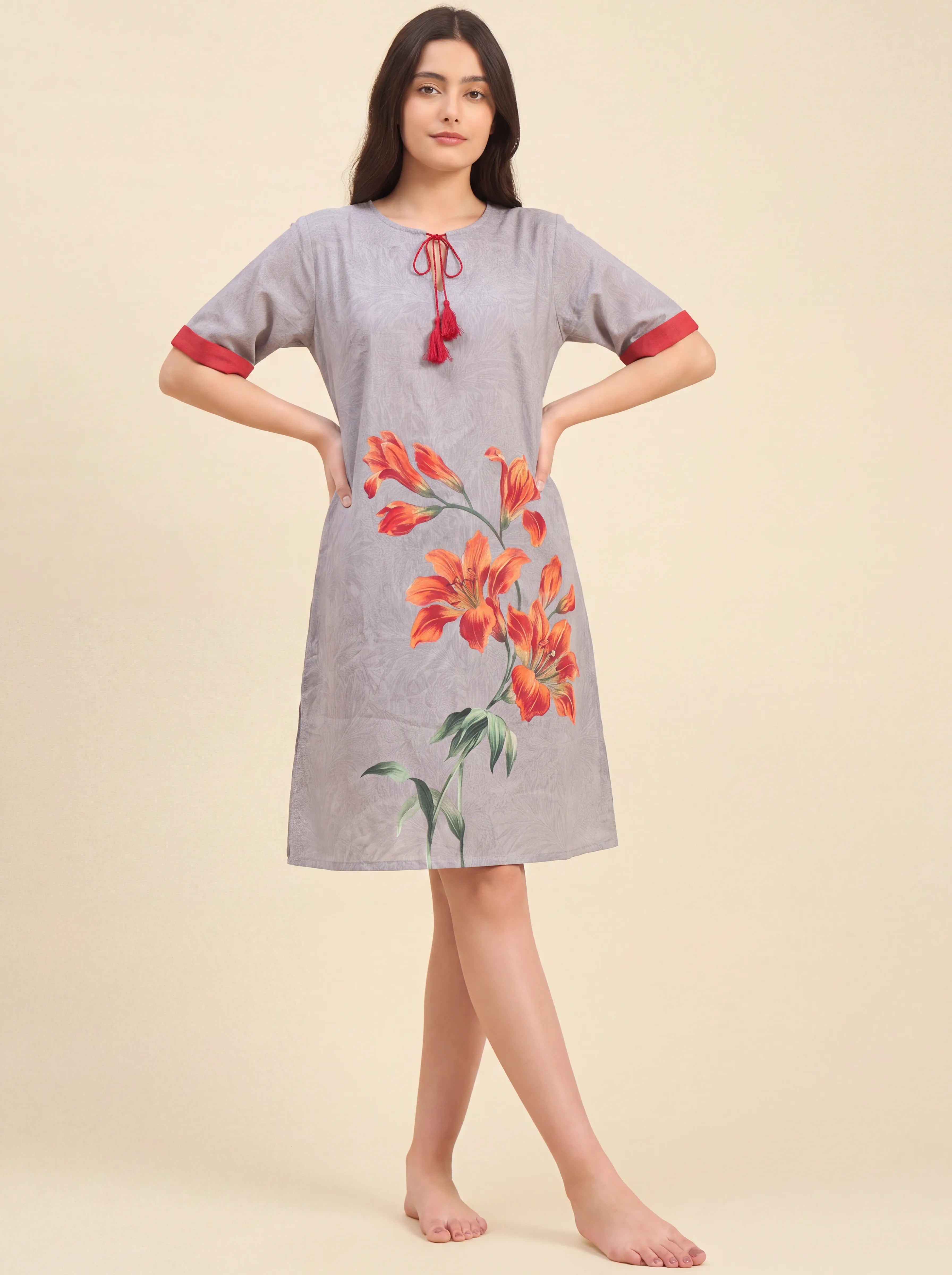 The Kaftan Company Nightdress Grey Textured Nightdress with Statement Lily Print and Red Tassel Tie