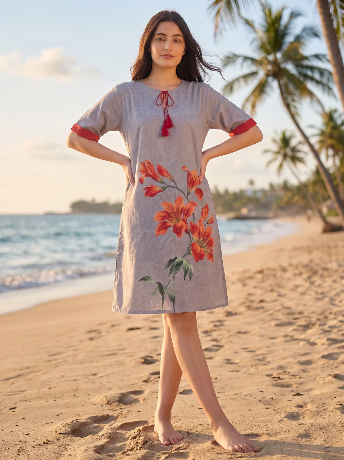 The Kaftan Company Nightdress Grey Textured Nightdress with Statement Lily Print and Red Tassel Tie