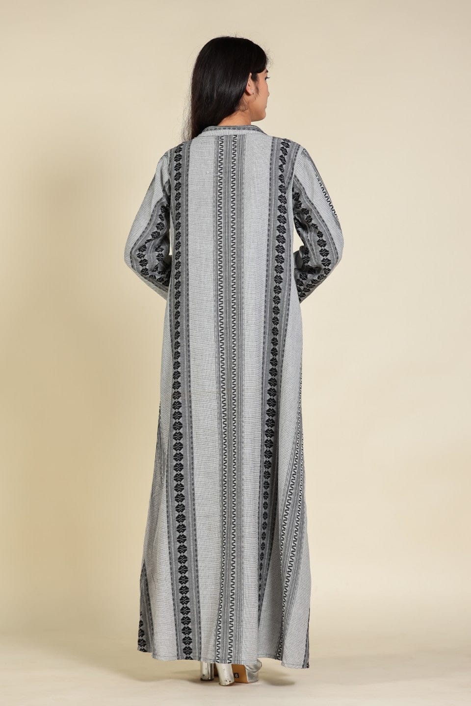 The Kaftan Company Nightdress Grey Tribal Print Cotton Nighty with Embroidered Neckline