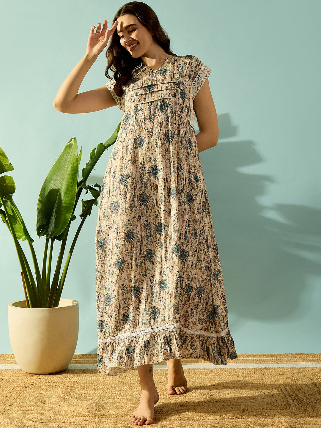 The Kaftan Company Nightdress Intricate Floral Digital Printed Night Dress