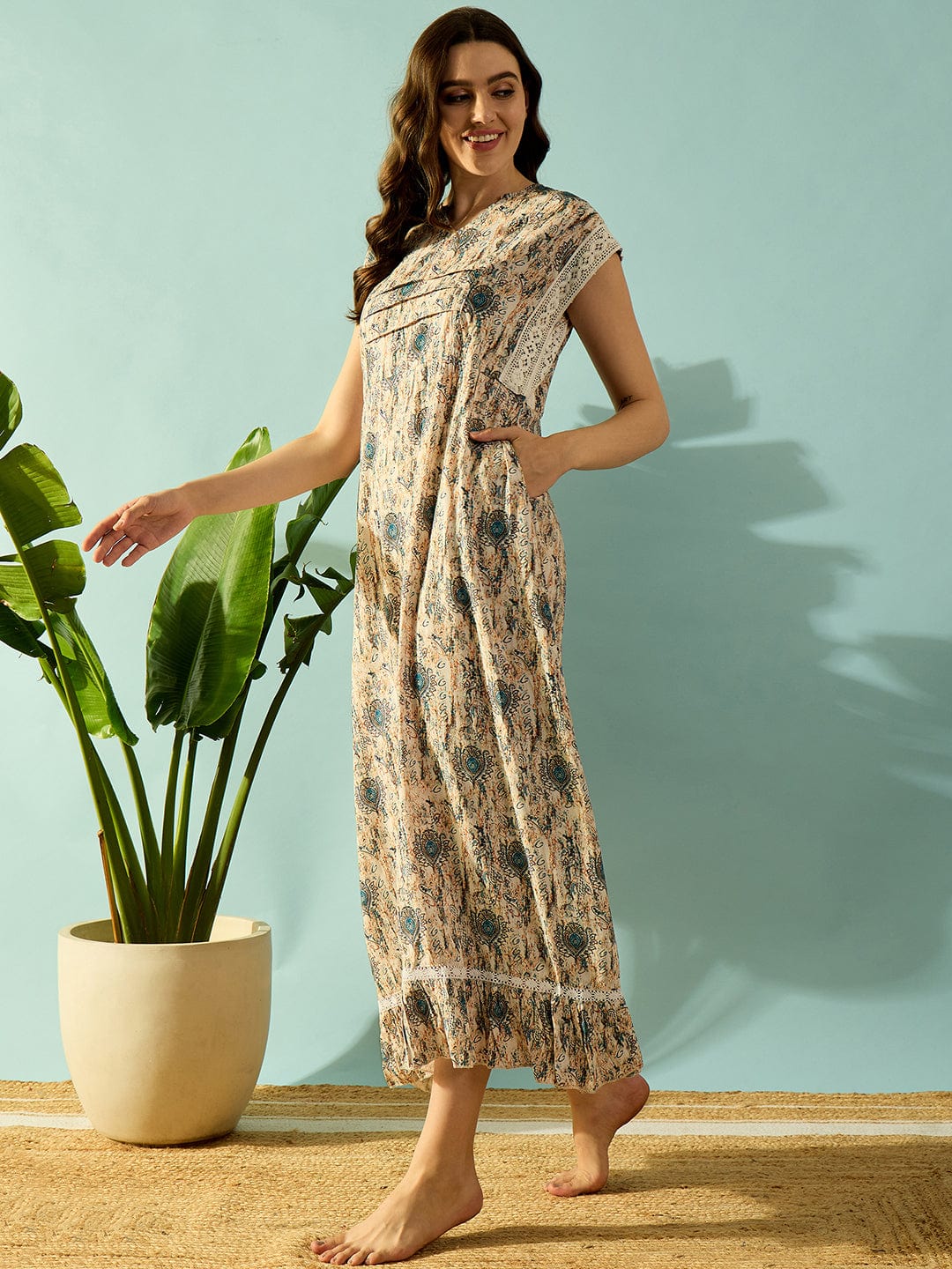 The Kaftan Company Nightdress Intricate Floral Digital Printed Night Dress