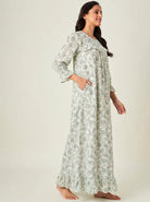 The Kaftan Company Nightdress Ivory and Sage Floral Print Viscose Nightdress with Lace-Trimmed Yoke