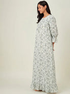 The Kaftan Company Nightdress Ivory and Sage Floral Print Viscose Nightdress with Lace-Trimmed Yoke
