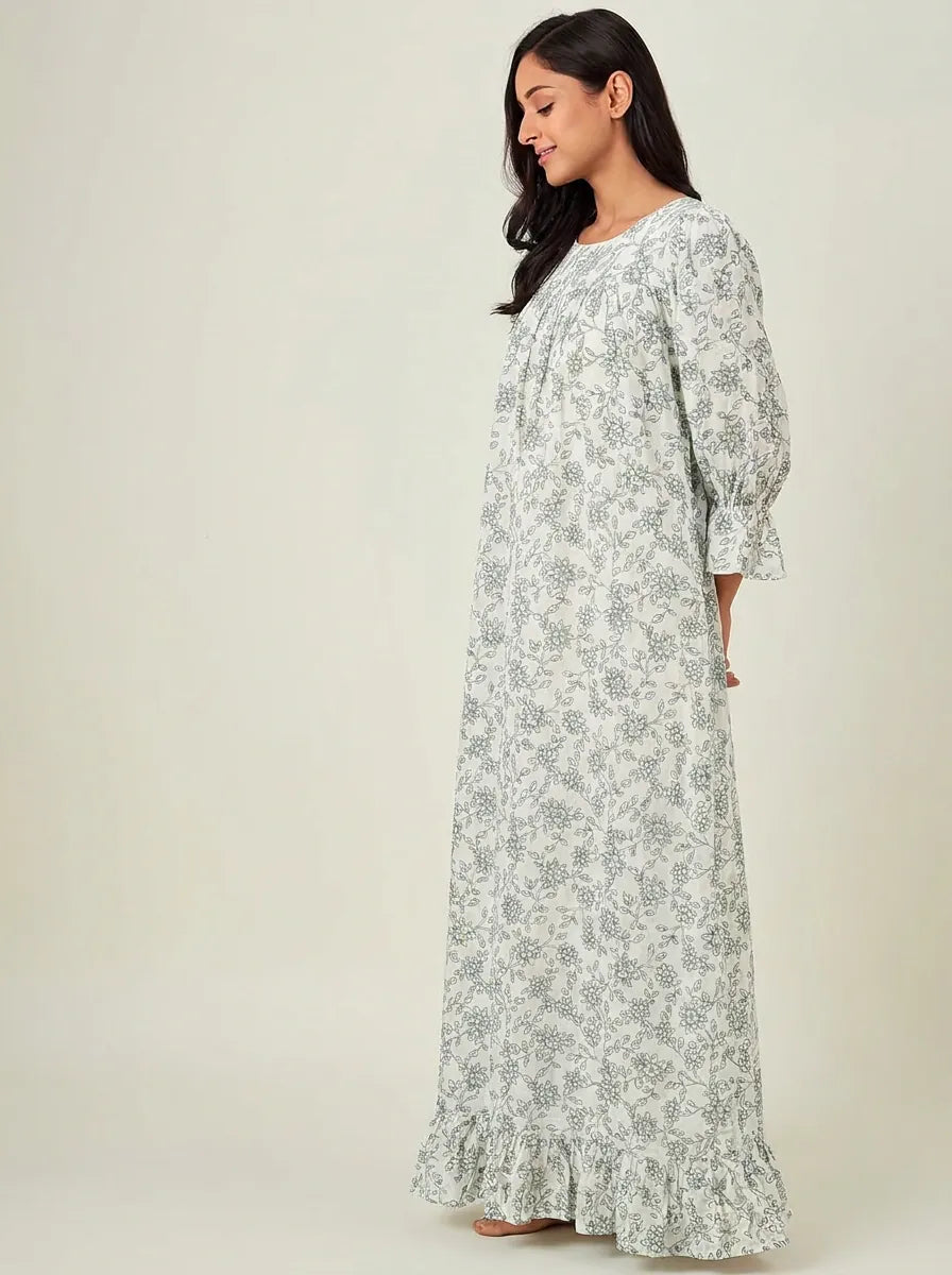 The Kaftan Company Nightdress Ivory and Sage Floral Print Viscose Nightdress with Lace-Trimmed Yoke