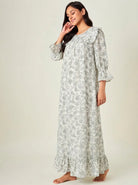 The Kaftan Company Nightdress Ivory and Sage Floral Print Viscose Nightdress with Lace-Trimmed Yoke