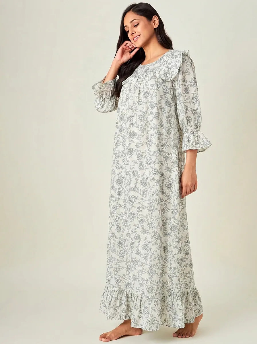 The Kaftan Company Nightdress Ivory and Sage Floral Print Viscose Nightdress with Lace-Trimmed Yoke