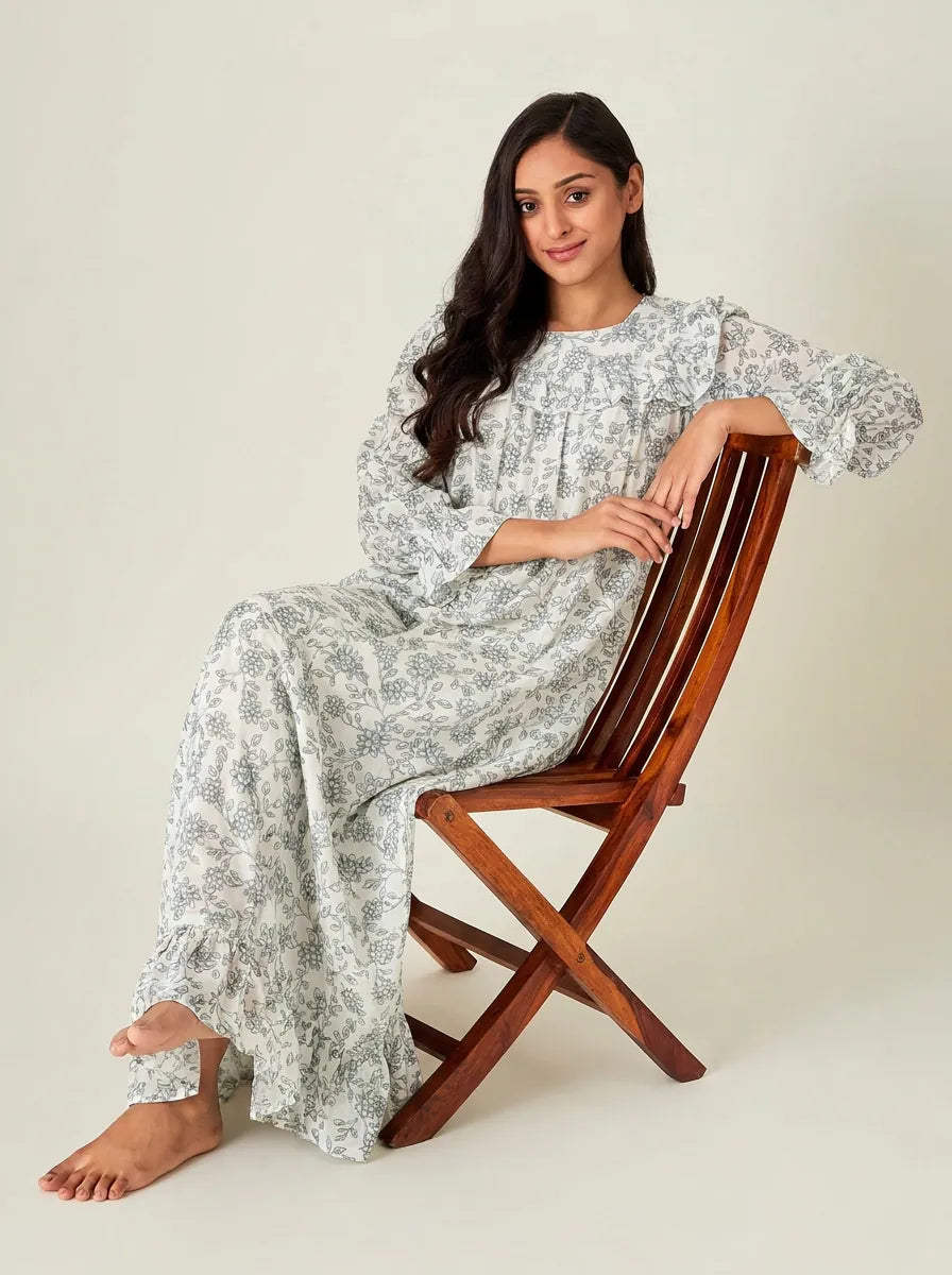 The Kaftan Company Nightdress Ivory and Sage Floral Print Viscose Nightdress with Lace-Trimmed Yoke